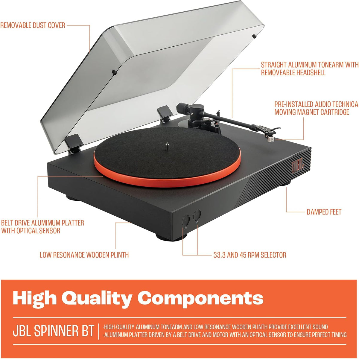 JBL Spinner BT - Bluetooth con tocadiscos AptX-HD™, componentes, portacápsula extraíble, bandeja de aluminio y transmisión por correa, cartucho de imán móvil preinstalado (negro)