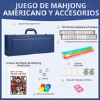 American Mahjong - Juego de maletas de cuero sintético portátil azul, 166 azulejos blancos, 4 bastidores Mahjong todo en uno con empujadores, incluye fichas y dados, juego de azulejos Travel