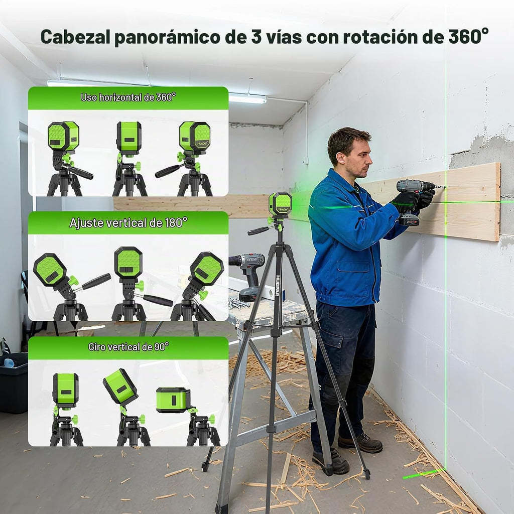 Huepar - Nivel láser con trípode de 60 pulgadas, 100 pies, autonivelante, nivel láser, recargable, línea cruzada, verde, herramienta para colgar imágenes, azulejos, renovación del hogar, bolsa de
