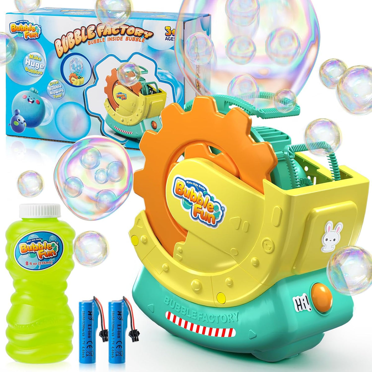 Máquina de burbujas recargable para niños, burbujas grandes con burbujas en