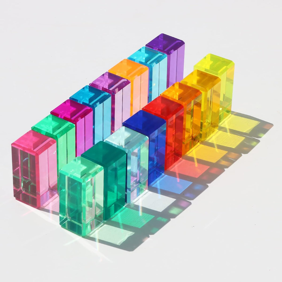Bloques de tiras acrílicas de cristal arcoíris rectangulares apilables para niños, 16 colores, cubos de gemas apilables, juguetes educativos de aprendizaje de luz sensorial (16 bloques de tira)