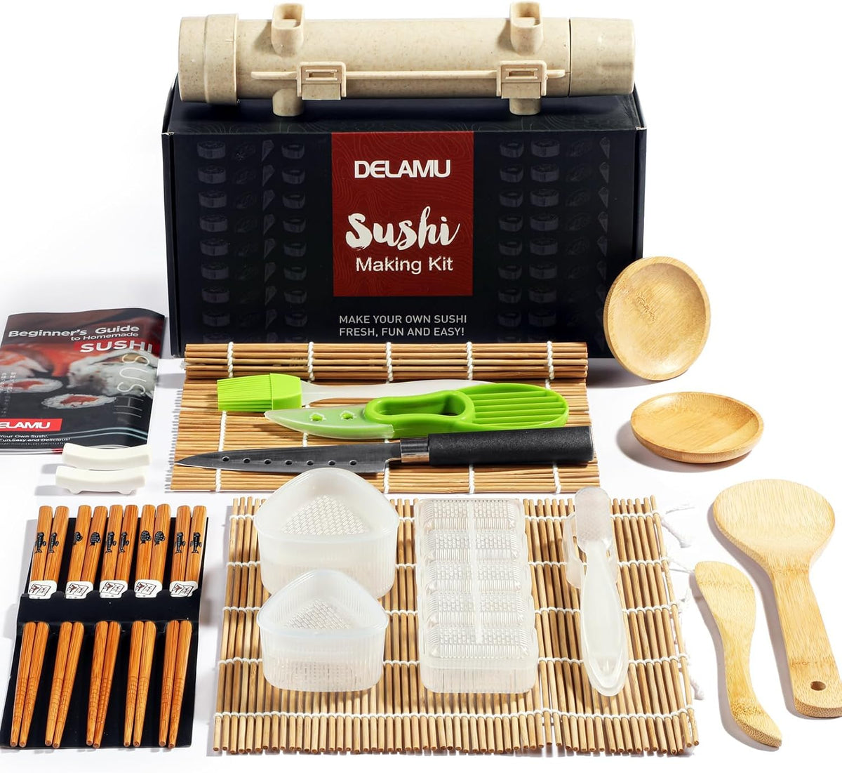 Delamu Kit de fabricación de sushi, kit de rodillo de bazooker 22 en 1 con alfombrillas de bambú, cuchillo de chef, molde de arroz para sushi triángulo/nigiri/gunkan, palillos, platos de salsa, esparcidor de arroz, guía del usuario (idioma español no
