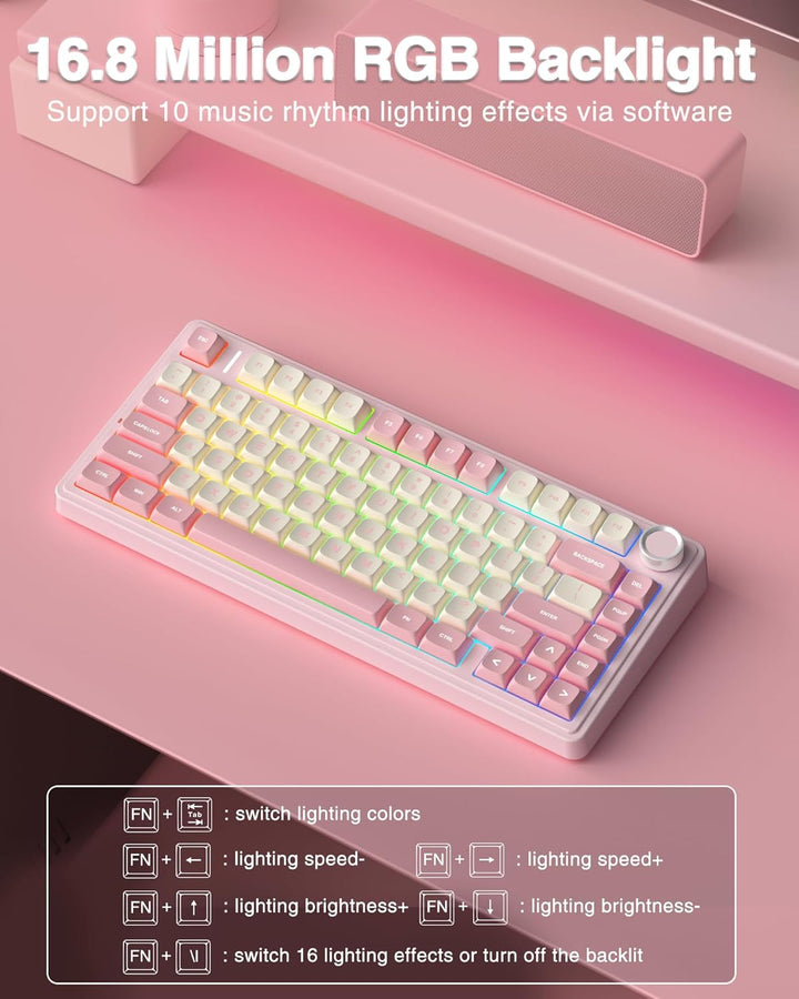 AULA Teclado Mecánico Inalámbrico F75 75%, Teclado Rosa Cremoso Int...