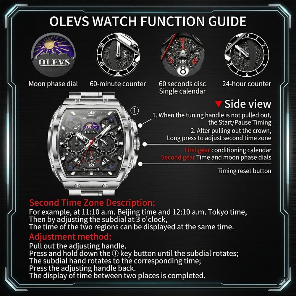 OLEVS Reloj para Hombres Analógico Cuarzo Lujo Diamante Resistente al Agua Cronógrafo Acero Inoxidable Carita Grande Cuadrado Fecha Fase Lunar Romano Relojes de Vestir para Hombres