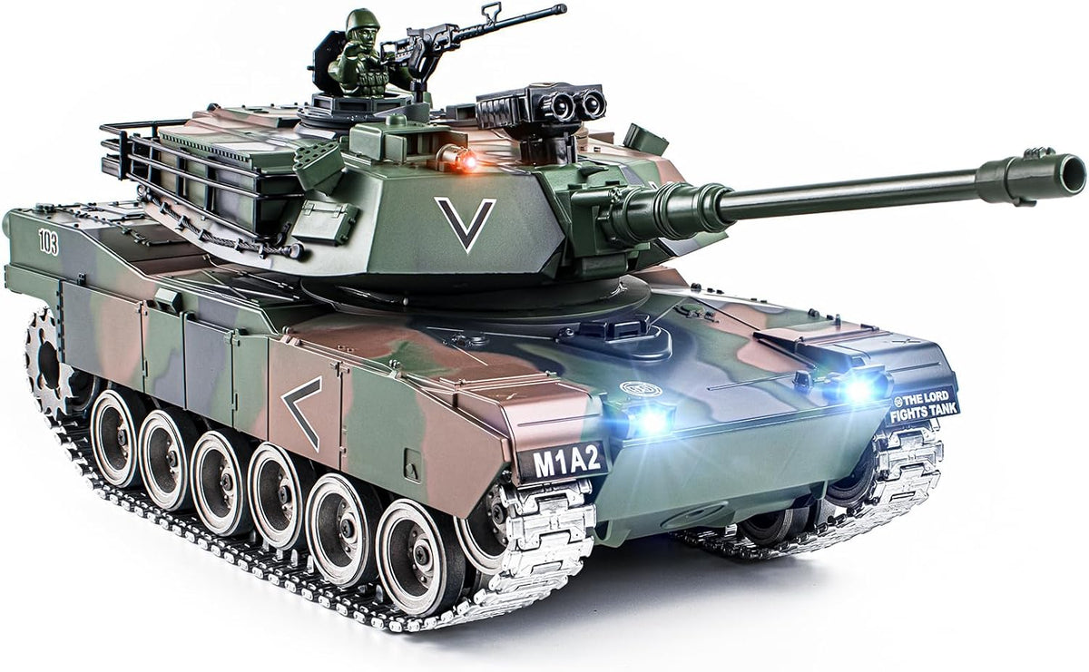 1:18 RC Tank, 2.4G US M1A2 de aleación de metal de metal US M26 tanque de control remoto que dispara juguetes modelo BBS, juguete militar con humo, luces, sonido y retroceso, vehículo militar RC para niños a partir de 8 años