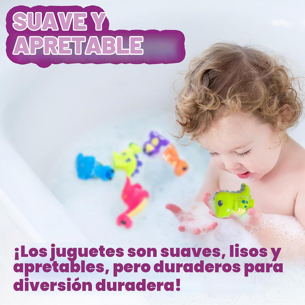 Tub Works® Juguetes de baño de dinosaurio sin moho, paquete de 12 | Diseño de juguetes de baño sellados sin agujeros que mantiene la humedad fuera | Suave, exprimible y flota en el agua | Juego de juguetes de baño para bebés y niños pequeños de fácil agar