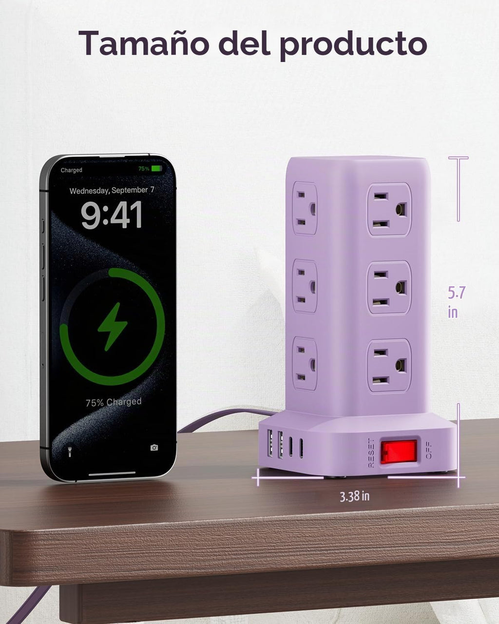 Regleta de alimentación con 12 tomas, 4 USB (1 USB C), cable de extensión de 6.5 pies con múltiples tomas, estación de carga, torre de regleta de alimentación morada, suministros de escritorio de