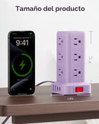 Regleta de alimentación con 12 tomas, 4 USB (1 USB C), cable de extensión de 6.5 pies con múltiples tomas, estación de carga, torre de regleta de alimentación morada, suministros de escritorio de
