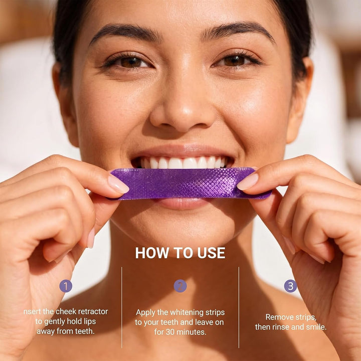 Tiras blanqueadoras de dientes moradas avanzadas, tratamiento de co...