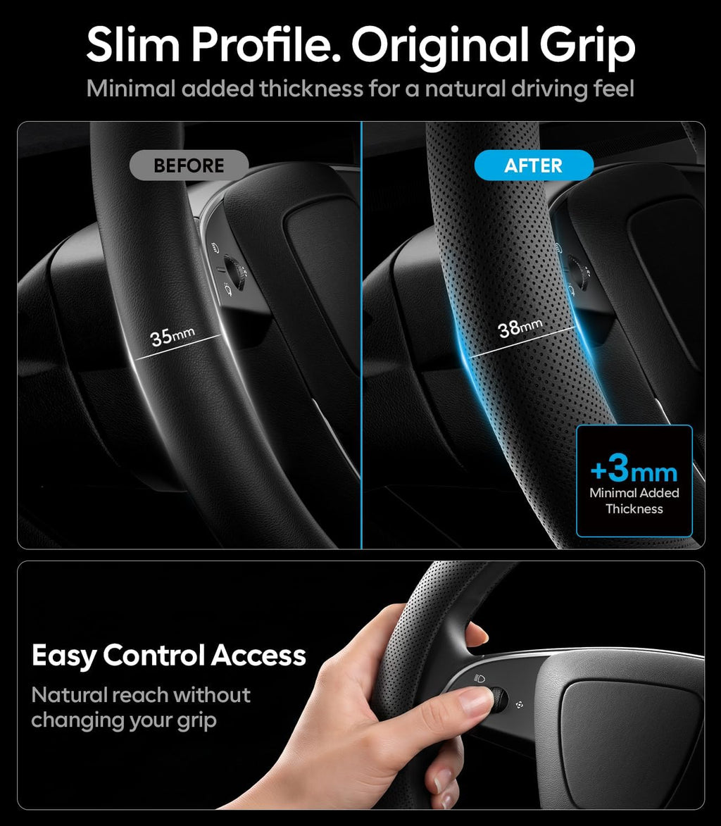 Wigoo Funda de volante para Tesla Model Y Juniper 2025-2026 y modelo 3 2024-2026 y modelo YL 2026-2027, accesorios de piel de napa, agarre cómodo antideslizante, forma D, color negro