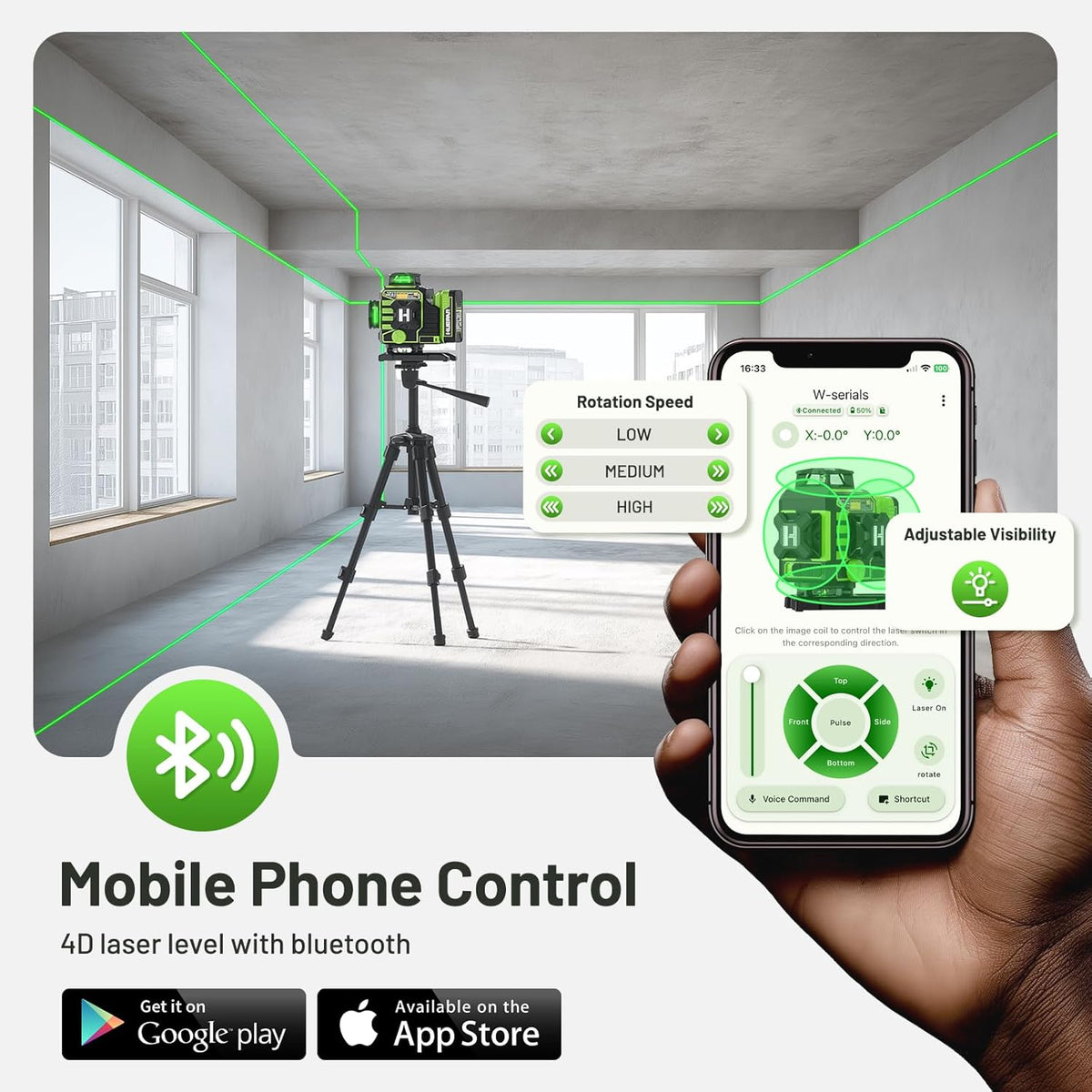 Huepar Nivel láser 360 autonivelante, W04CG mejorado 4 x 360° Bluetooth construcción Lazer herramienta niveladora con base giratoria eléctrica y pantalla LCD grande, 4D 16 líneas de nivel láser de
