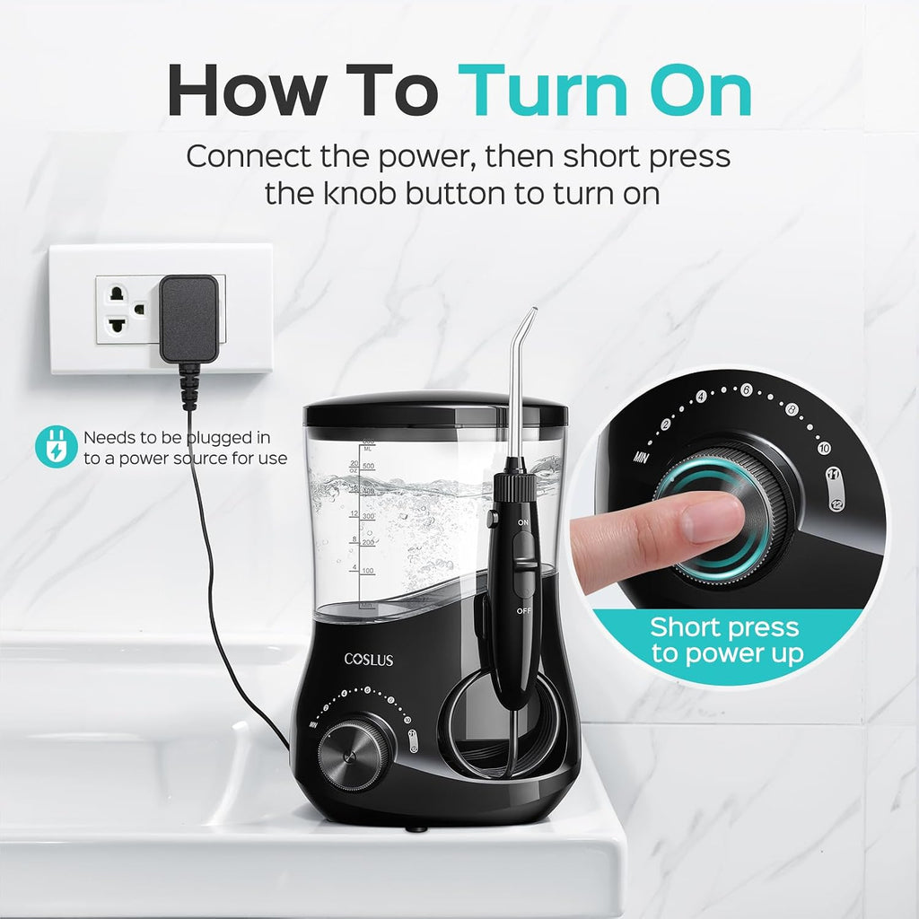 COSLUS E1 - Hilo dental eléctrico de agua, presión profesional 12, negro