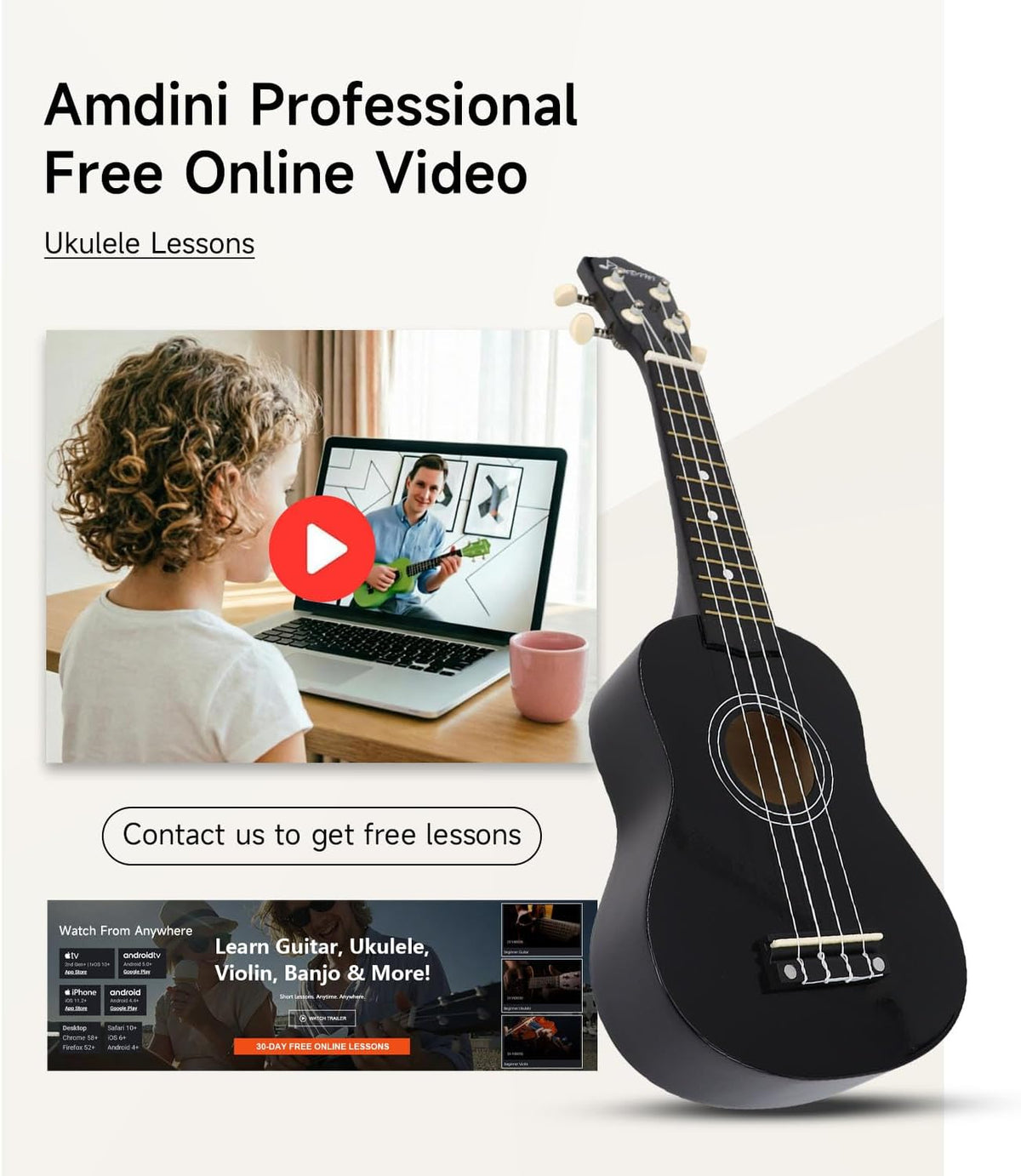 Ukelele soprano para niños, kit de ukelele de madera hawaiana de 21