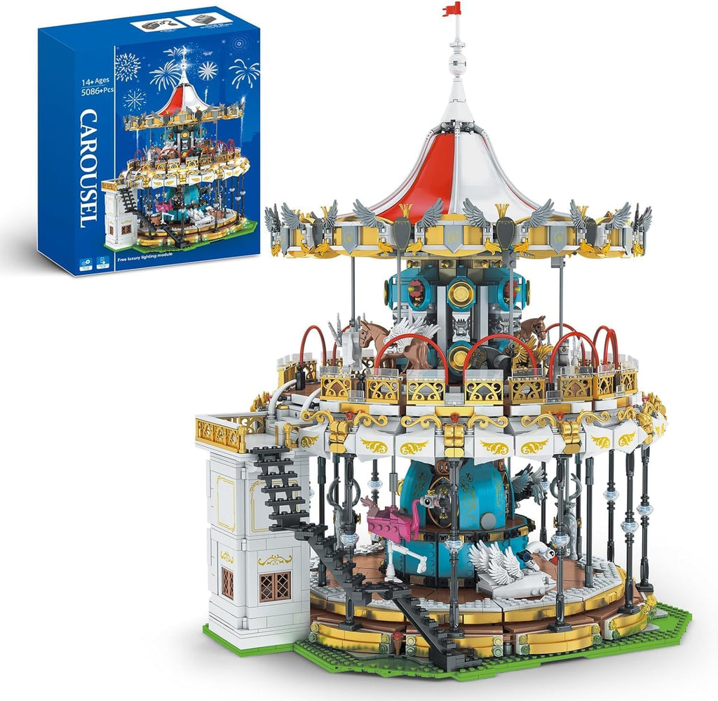 Sosuy Juego de Construcción de Carrusel, Modelo de Tiovivo Motorizado Eléctrico, Juguete de Parque de Atracciones para Niños, Niñas y Adolescentes, Regalos de Cumpleaños para Adultos y Niños de 6, 7