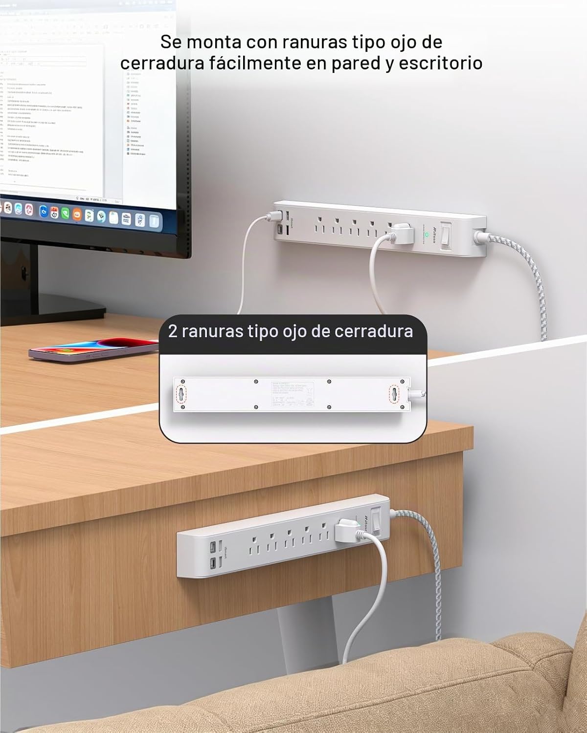 Mifaso Paquete de 2 regletas de alimentación, cable de extensión de enchufe
