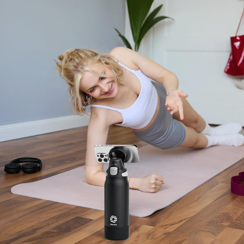 FJbottle Botella de agua aislada con soporte magnético para teléfono, frasco deportivo de acero inoxidable a prueba de fugas, función de trípode para gimnasio, entrenamiento, 32 onzas, color negro