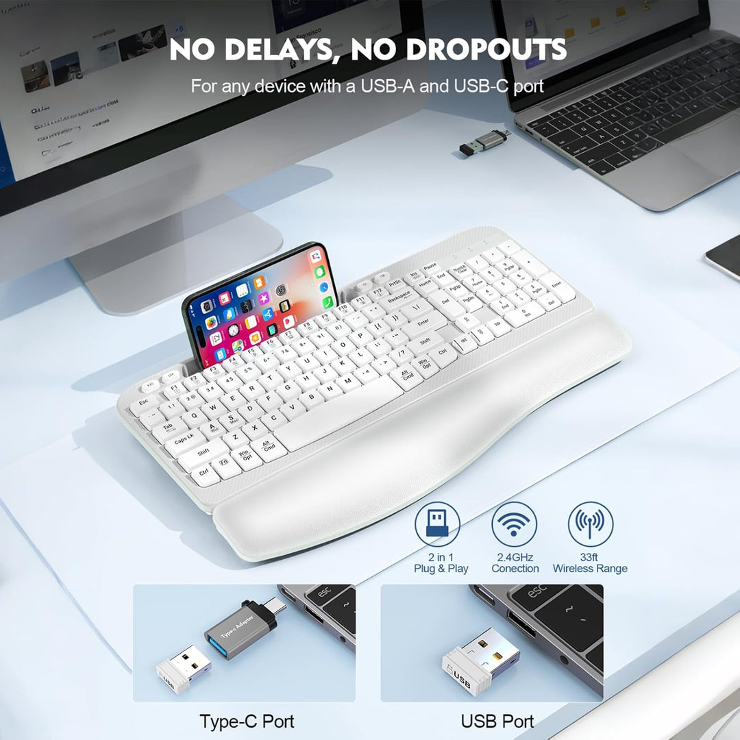 Teclado inalámbrico ergonómico con reposamuñecas acolchado, teclas...