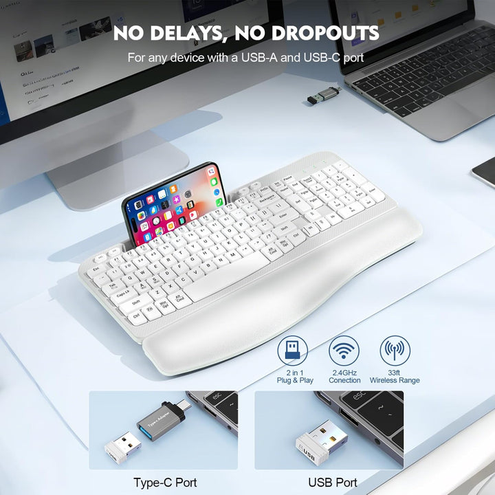 Teclado inalámbrico ergonómico con reposamuñecas acolchado, teclas...