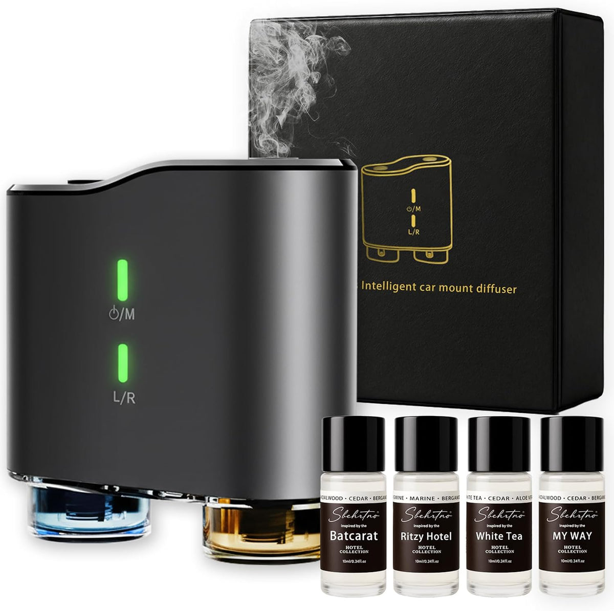Kit de difusor de coche sin agua con 4 aceites aromáticos, ambientador de aromaterapia inspirado en hoteles de lujo para automóvil, vehículo, oficina y espacios pequeños (negro, fragancia de hotel)
