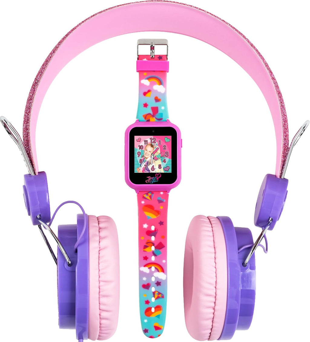 Accutime JoJo Siwa - Juego combinado de auriculares y reloj inteligente, juegos interactivos de aprendizaje, auriculares rosas ajustables, múltiples caras de reloj, ideal para niñas de 6 años en