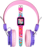 Accutime JoJo Siwa - Juego combinado de auriculares y reloj inteligente, juegos interactivos de aprendizaje, auriculares rosas ajustables, múltiples caras de reloj, ideal para niñas de 6 años en