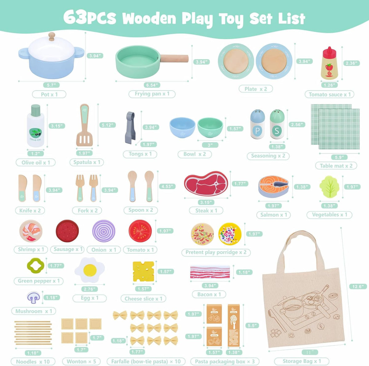 Juego de cocina de madera del juego de 63 piezas, accesorios de