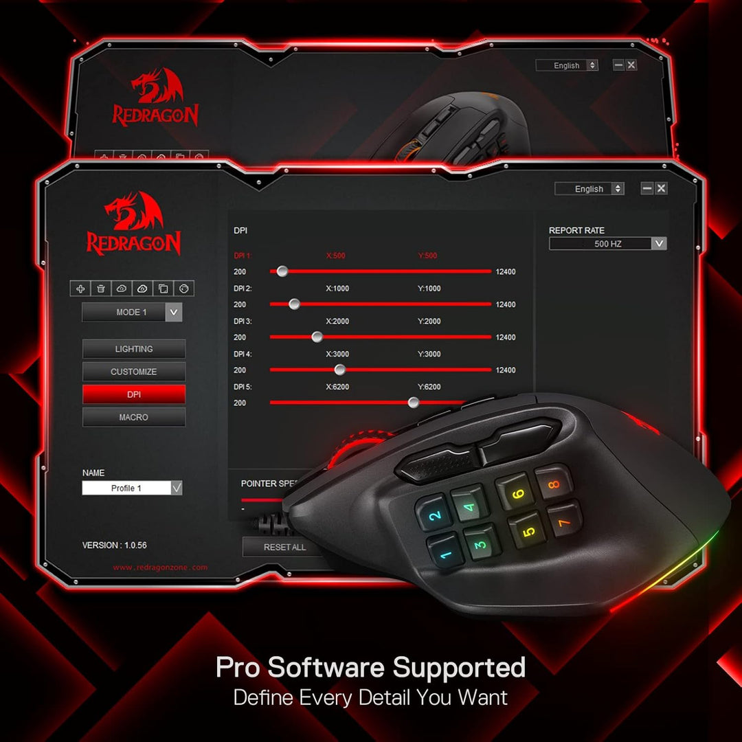 Redragon M811 Aatrox - Ratón para juegos MMO, 15 botones programabl...