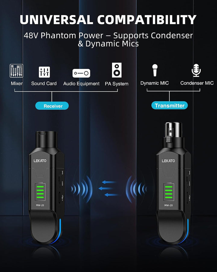 LEKATO Receptor transmisor XLR inalámbrico de 2.4 GHz para micrófon...