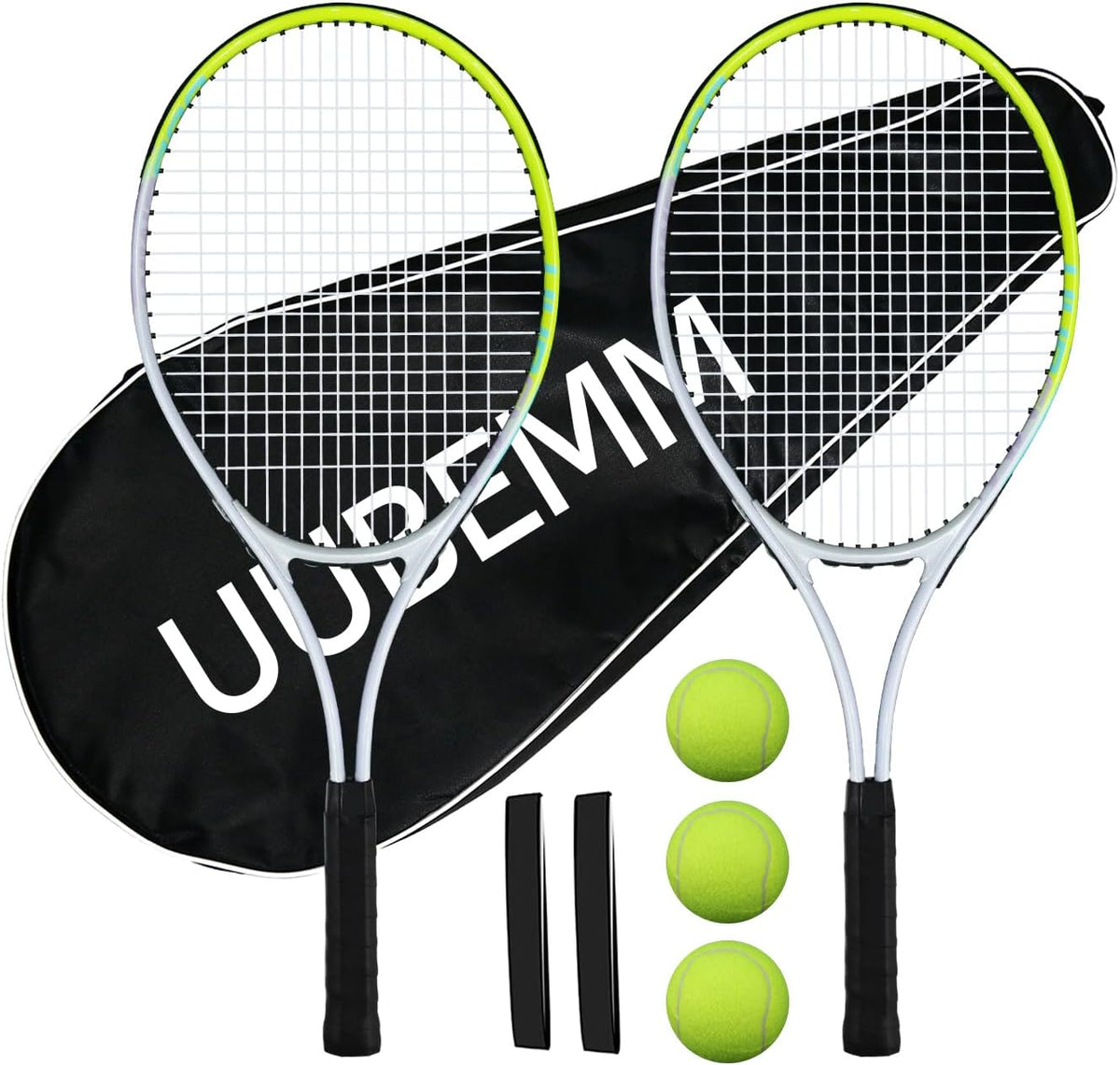 Juego de raquetas de tenis para adultos, 2 raquetas preencordadas de 27 pulgadas, 2 cintas de agarre, 3 pelotas de tenis, 1 bolsa de transporte, perfecto para principiantes y entrenamiento de