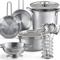 Juego de 13 piezas de accesorios de cocina para niños, ollas y sartenes de acero inoxidable, utensilios de cocina en carrito de drenaje, accesorios para niños de 3 años