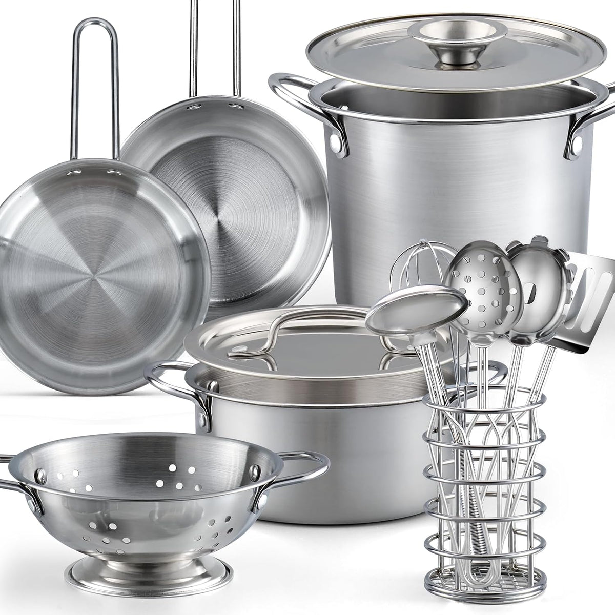 Juego de 13 piezas de accesorios de cocina para niños, ollas y sartenes de acero inoxidable, utensilios de cocina en carrito de drenaje, accesorios para niños de 3 años