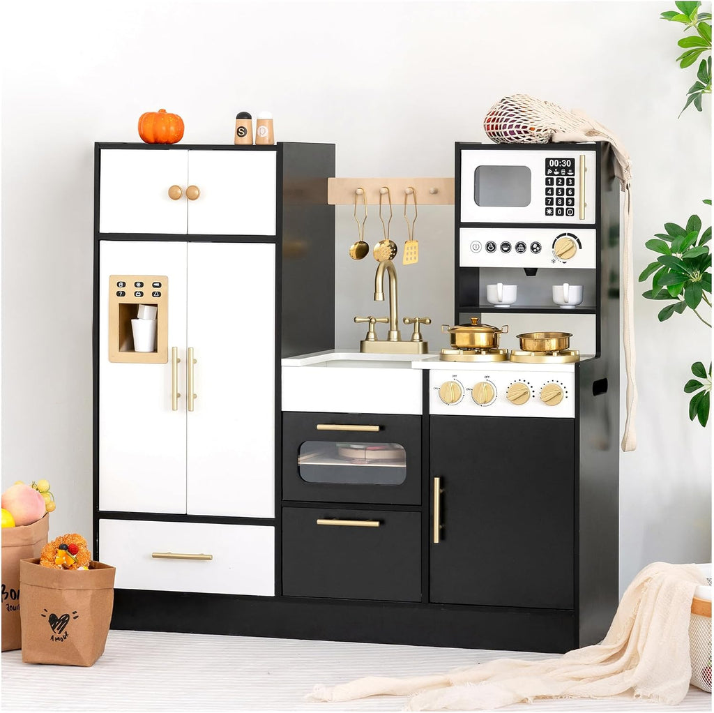 Cocina de madera negra del juego con el refrigerador alto del juguete y el