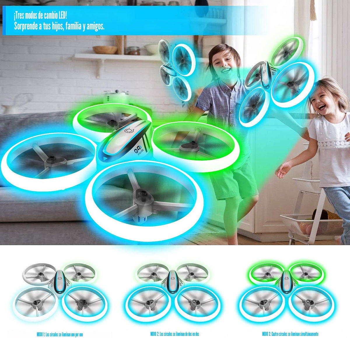 Q9s Drones para niños, dron RC con retención de altitud y modo sin cabeza, cuadricóptero con luz azul y verde, hélice de protección completa, 2 baterías y control remoto, regalos para niños y niñas