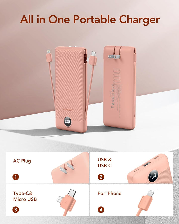 VEGER Cargador portátil para iPhone con cables incorporados y enchu...
