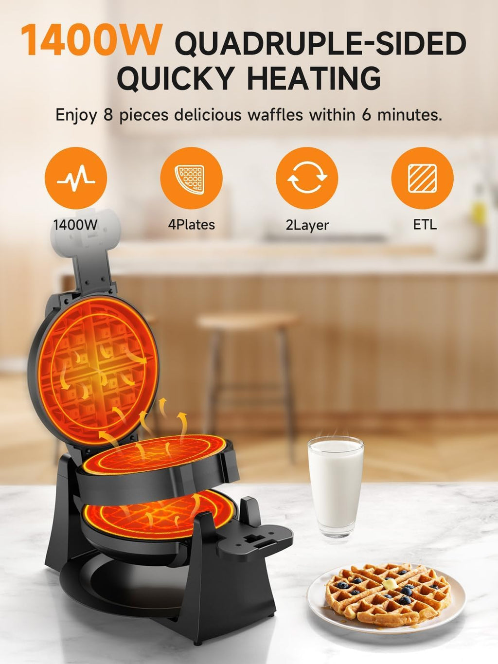 Waffle Maker, Plancha para gofres belga doble de 1400W, volteo de 180°, 8 rebanadas, placas giratorias y antiadherentes, bandeja para goteo removible para fácil limpieza, mangos de toque frío