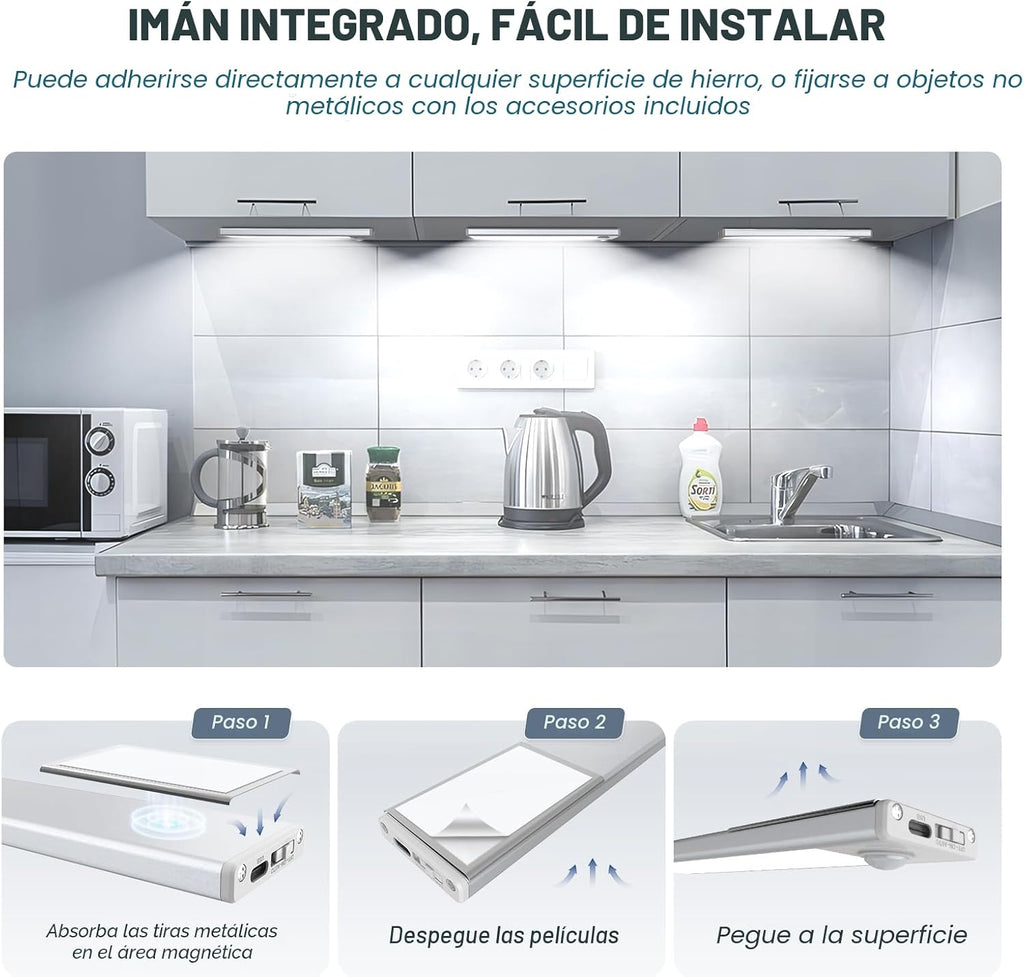 Paquete de 6 luces inalámbricas para debajo del gabinete, 32 luces LED con sensor de movimiento, luces magnéticas recargables para interiores, funciona con pilas, luces debajo del mostrador para