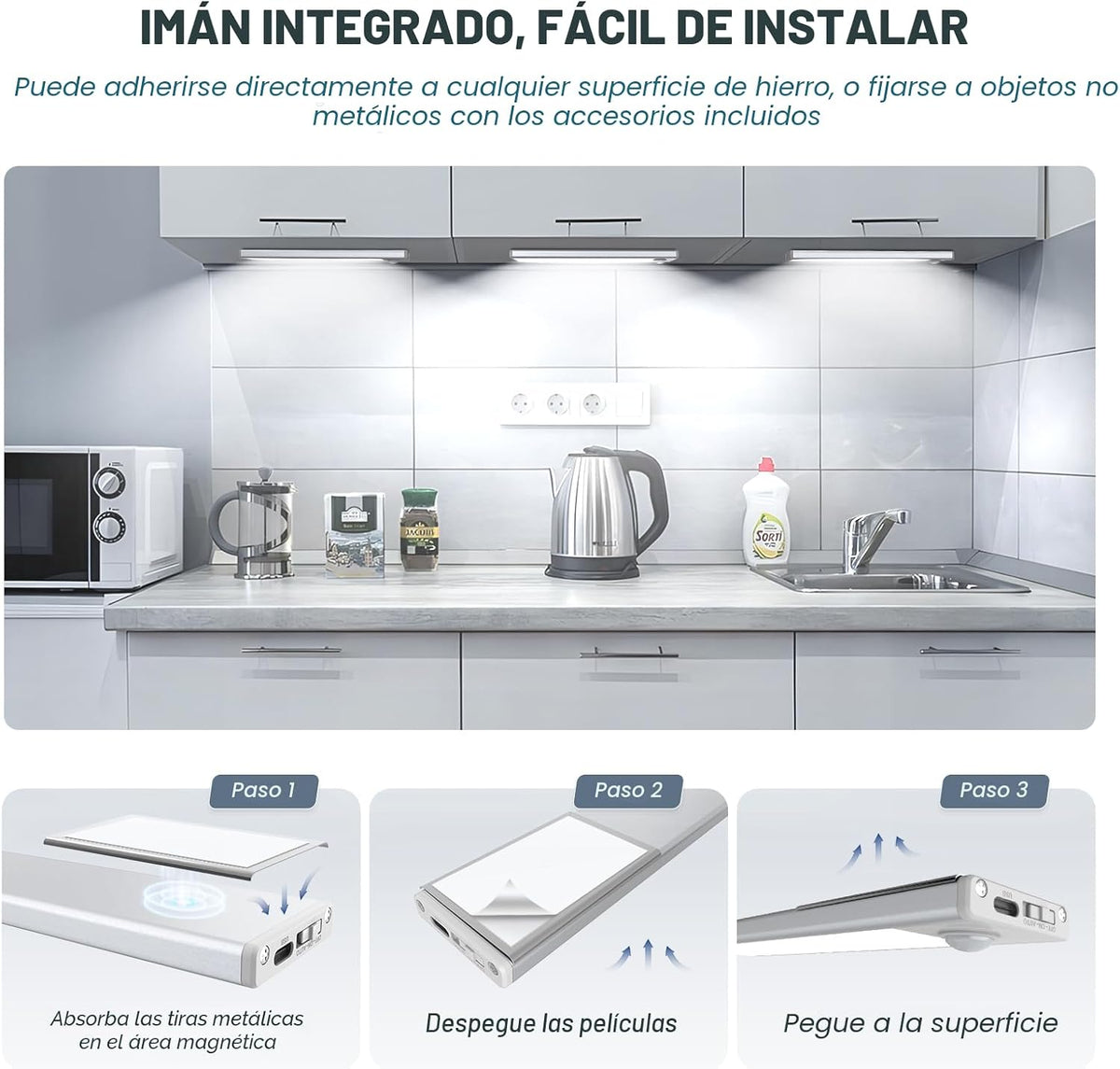 Paquete de 6 luces inalámbricas para debajo del gabinete, 32 luces LED con sensor de movimiento, luces magnéticas recargables para interiores, funciona con pilas, luces debajo del mostrador para