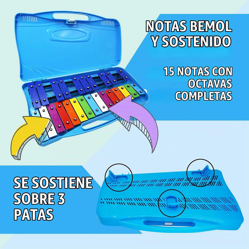 Soulmate Xilófono para niños, instrumento xilófono de 25 notas, percusión profesional con estuche y dos mazos seguros para principiantes, teclas de metal coloridas, enseñanza de música, regalos (azul)