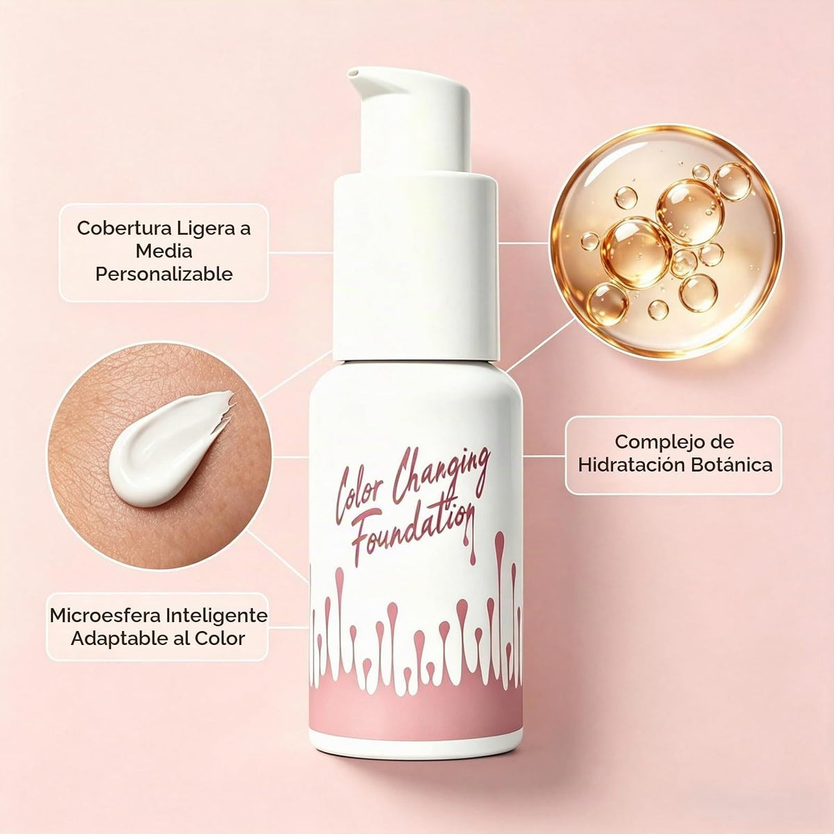 Base de maquillaje que cambia de color para piel madura, acabado natural autoajustable, cobertura ligera a media construible, difumina imperfecciones y líneas finas con hidratación hipoalergénica para