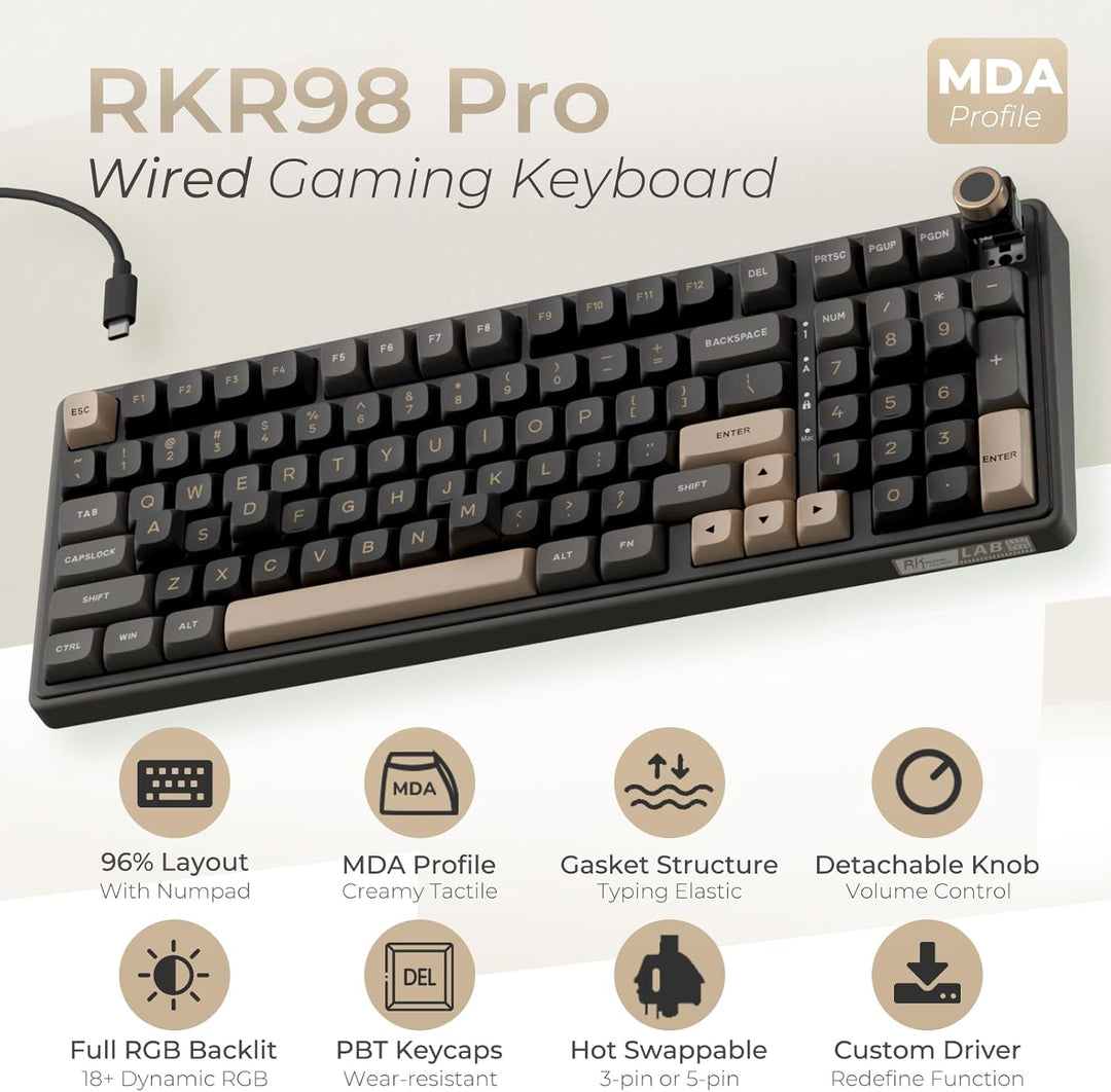 RK ROYAL KLUDGE R98 Pro - Teclado mecánico con cable, 96% teclado c...
