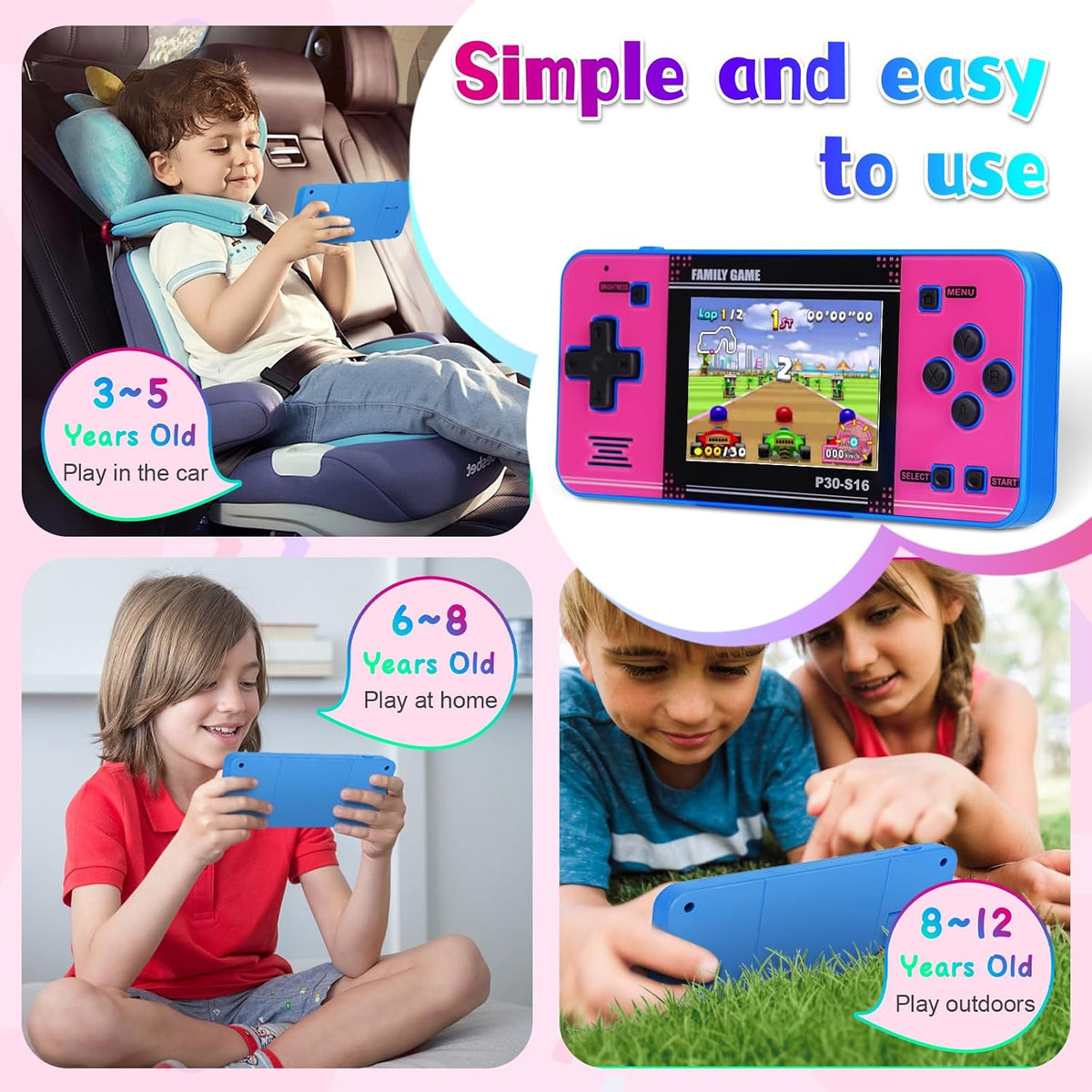 Juego de mano para niños, 220 videojuegos de 32 bits integrados, pantalla IPS de 3.0 pulgadas, juego portátil recargable, mini arcade de viaje, juguetes electrónicos de regalo para niños