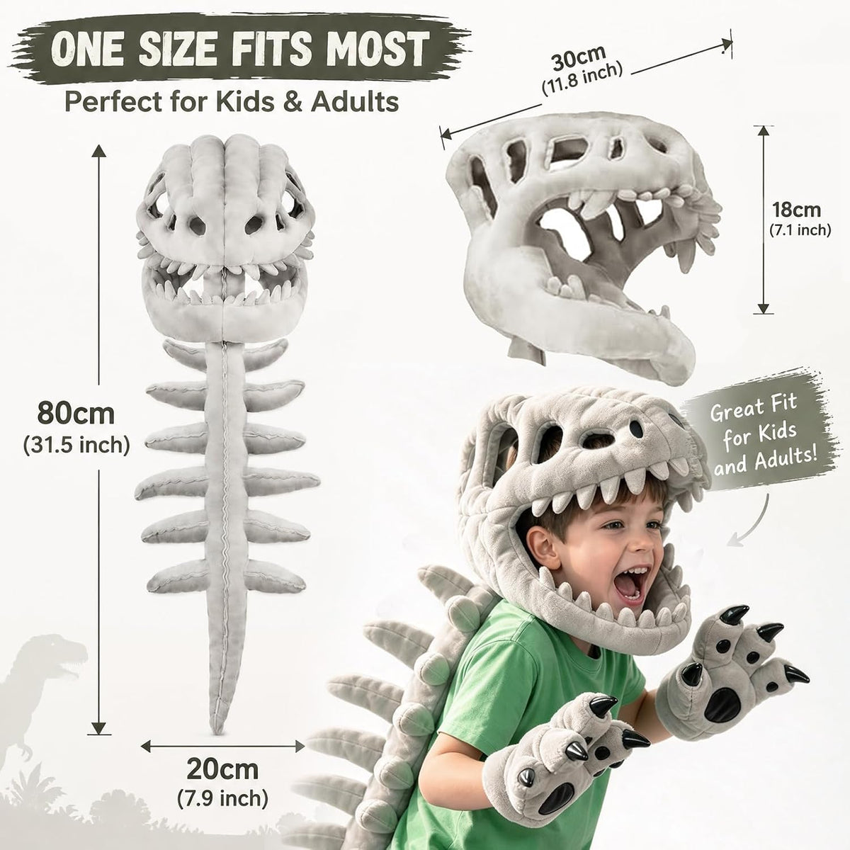Disfraz de esqueleto de dinosaurio con guantes, disfraz de