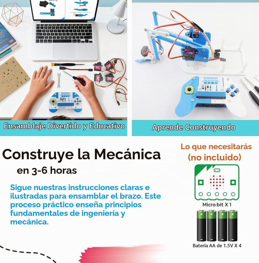 Microbit Smart Robotic Arm Kit 4DF Kit de construcción de brazo mecánico programable para edades de 14 años en adelante para aprender codificación, ciencia e ingeniería, Micro:bit v2 y pilas