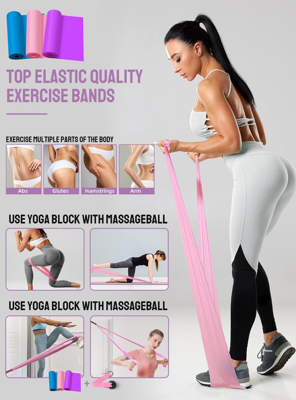 Esterilla de yoga de 1/3 pulgadas de grosor, juego de yoga para principiantes incluye esterilla de alta densidad con correa de múltiples asas, bloques, juego de banda de resistencia para glúteos