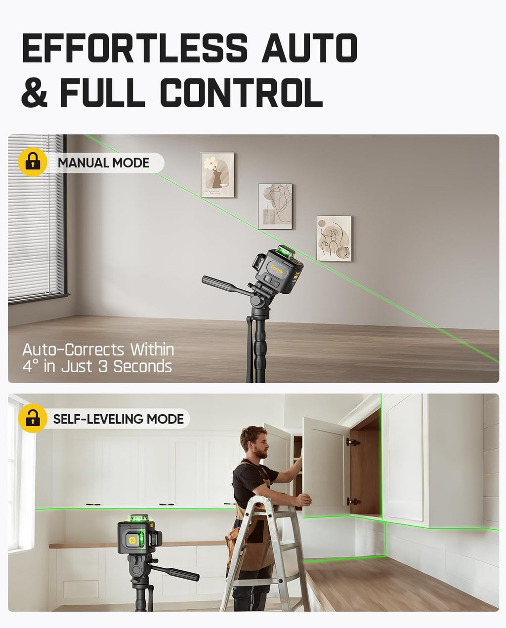 Fanttik Nivel láser D12 Ace 360 autonivelante con trípode de 43.2 pulgadas, láser cruzado verde 3D recargable de 360°, fácil de usar para construcción y colgar cuadros
