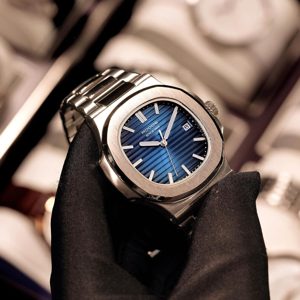 ROCOSJEWE Reloj de vestir azul de lujo clásico reloj mecánico automático de los hombres reloj de pulsera resistente al agua fecha visualización luminosa dial pulsera de acero inoxidable regalo para