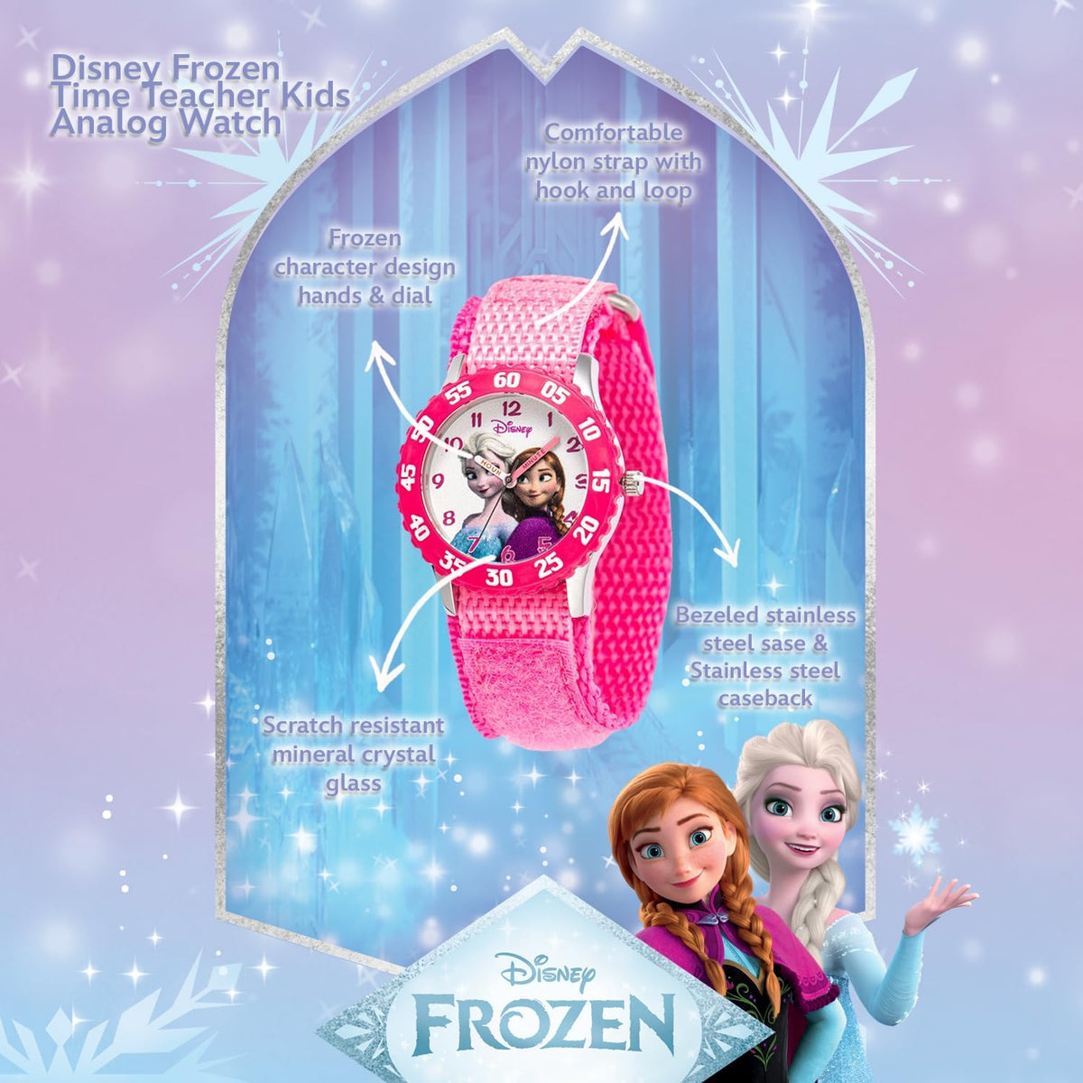 Disney Frozen - Reloj analógico Time Teacher para niños con bisel de acero inoxidable y correa de nailon