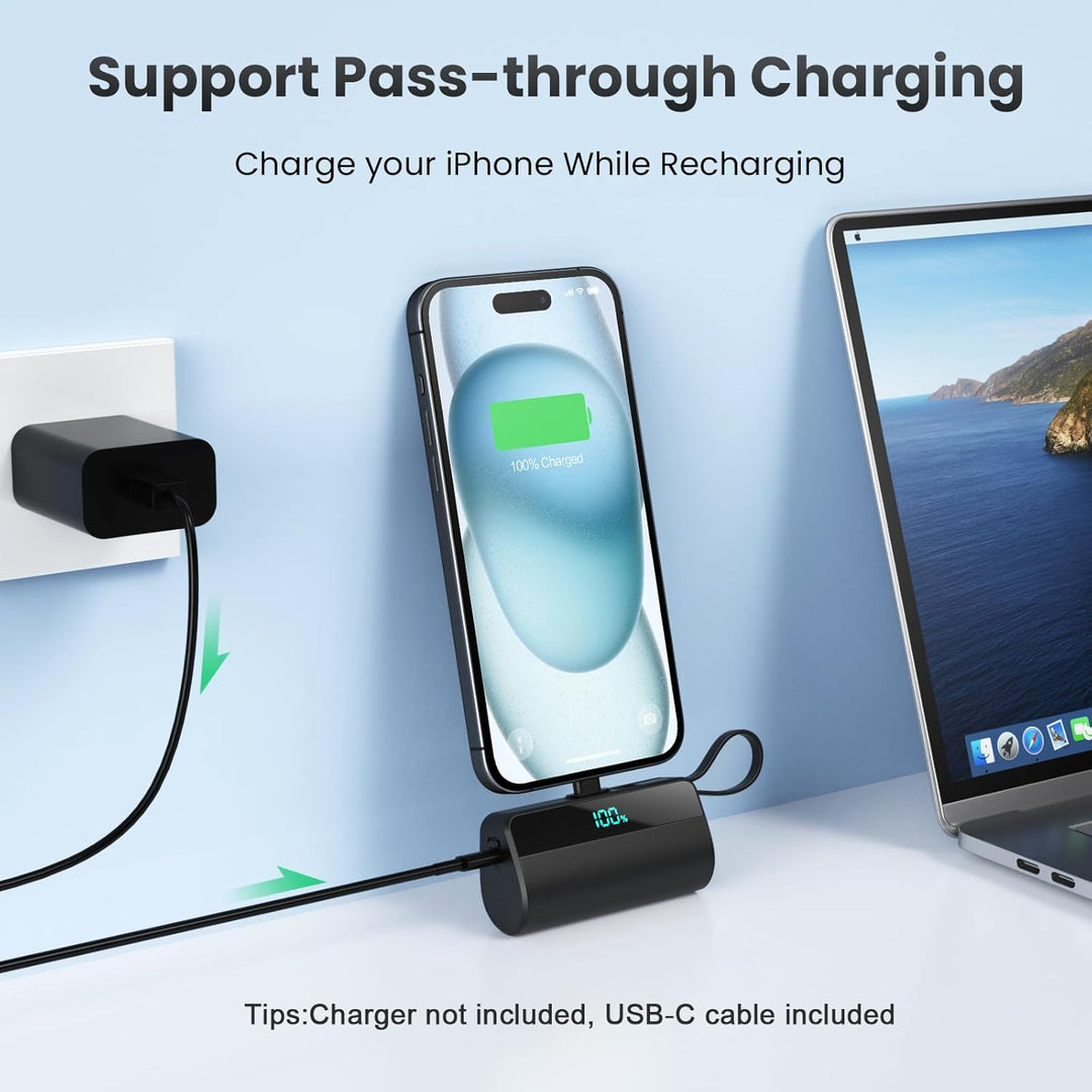 Cargador portátil mini para iPhone con cable USB C incorporado, bat...