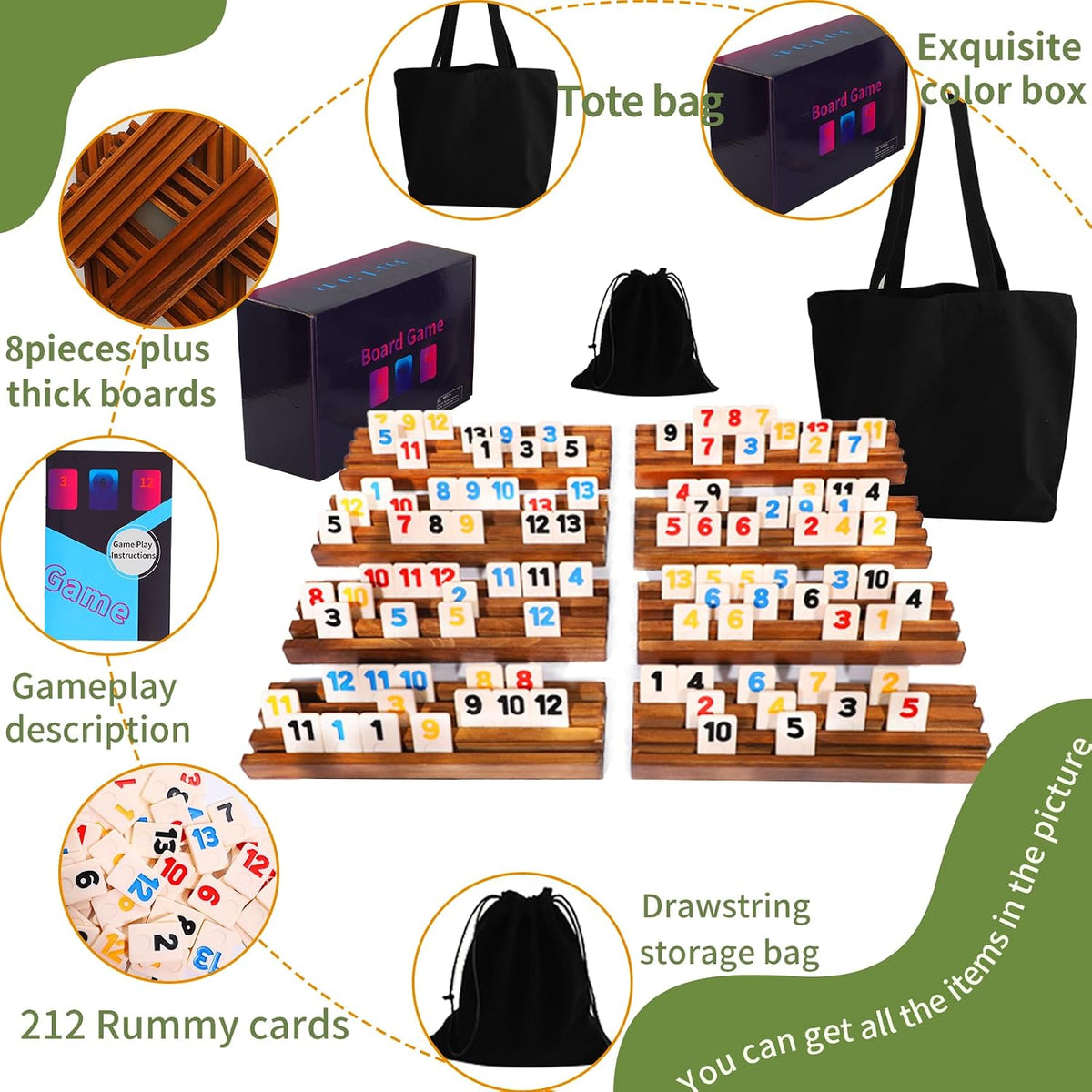 Rummy Cube - Juego original de cubo Rummy para 6 a 8 jugadores con 212 azulejos y 8 estantes de madera, juegos de mesa clásicos para familia y fiestas