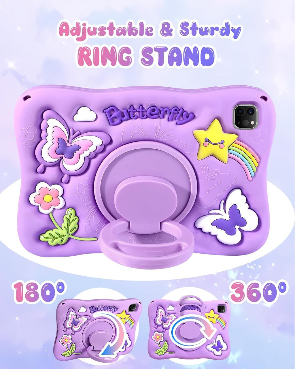 para iPad Air de 11 Pulgadas Funda M3 2025/M2 2024, Pro 11'' 4ª/3ª/2ª/1ª, Air de 5ª/4ª Generación - Linda Funda Kawaii para Niñas con Diseño 3D de Mariposas Moradas Giratorias y Correa de
